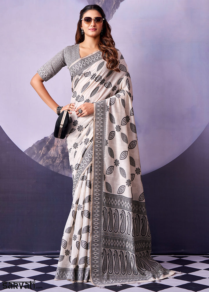 Porcelain White Cotton Saree with Contemporary Artistic Patterns