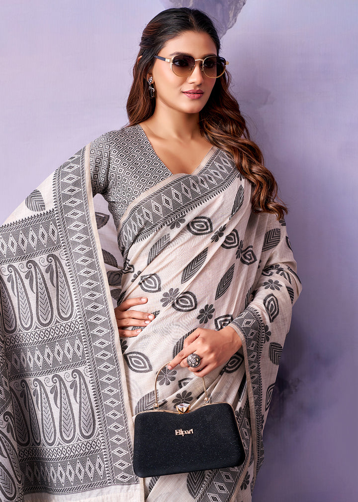Porcelain White Cotton Saree with Contemporary Artistic Patterns