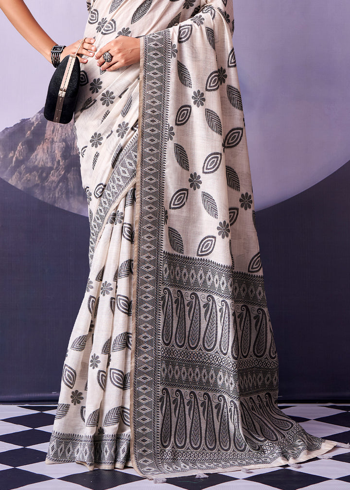 Porcelain White Cotton Saree with Contemporary Artistic Patterns