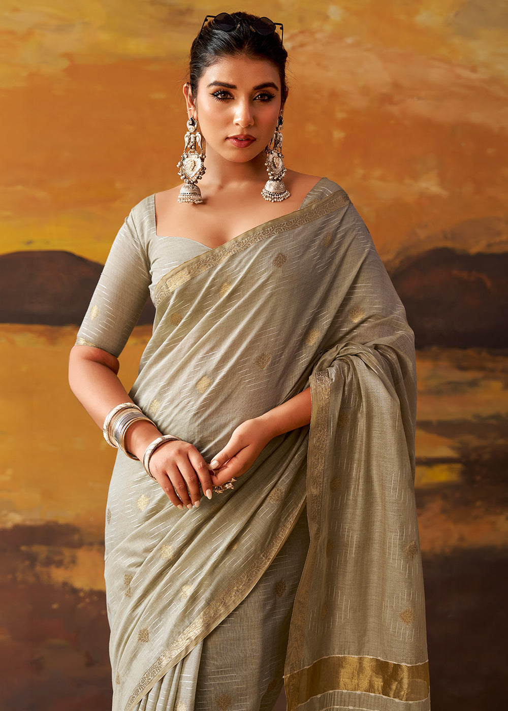 Thunder Grey Modal Cotton Saree with Ornate Allover Butti Motifs