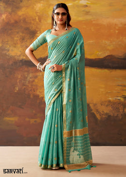 Turquoise Blue Modal Cotton Saree with Ornate Allover Butti Motifs