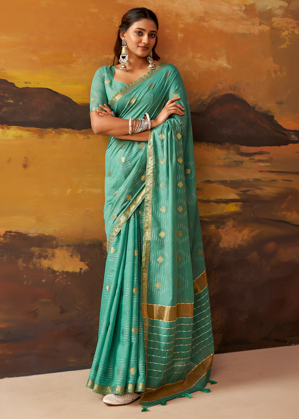 Turquoise Blue Modal Cotton Saree with Ornate Allover Butti Motifs