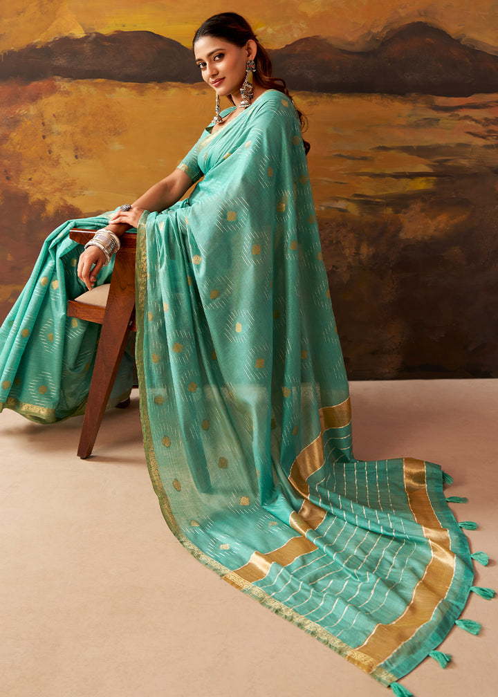 Turquoise Blue Modal Cotton Saree with Ornate Allover Butti Motifs