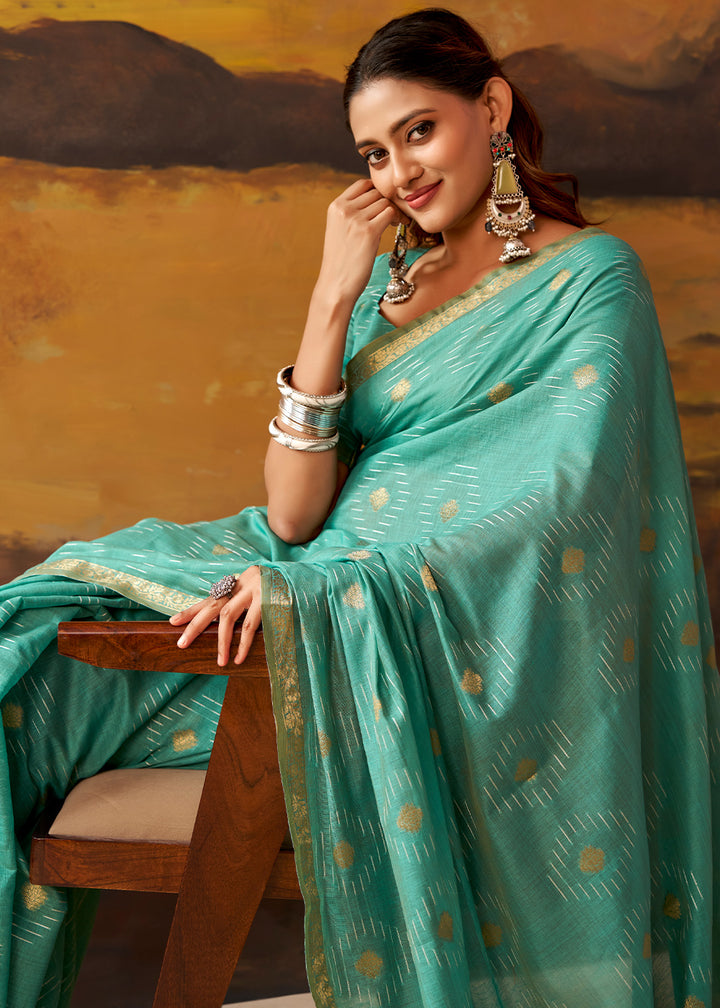 Turquoise Blue Modal Cotton Saree with Ornate Allover Butti Motifs
