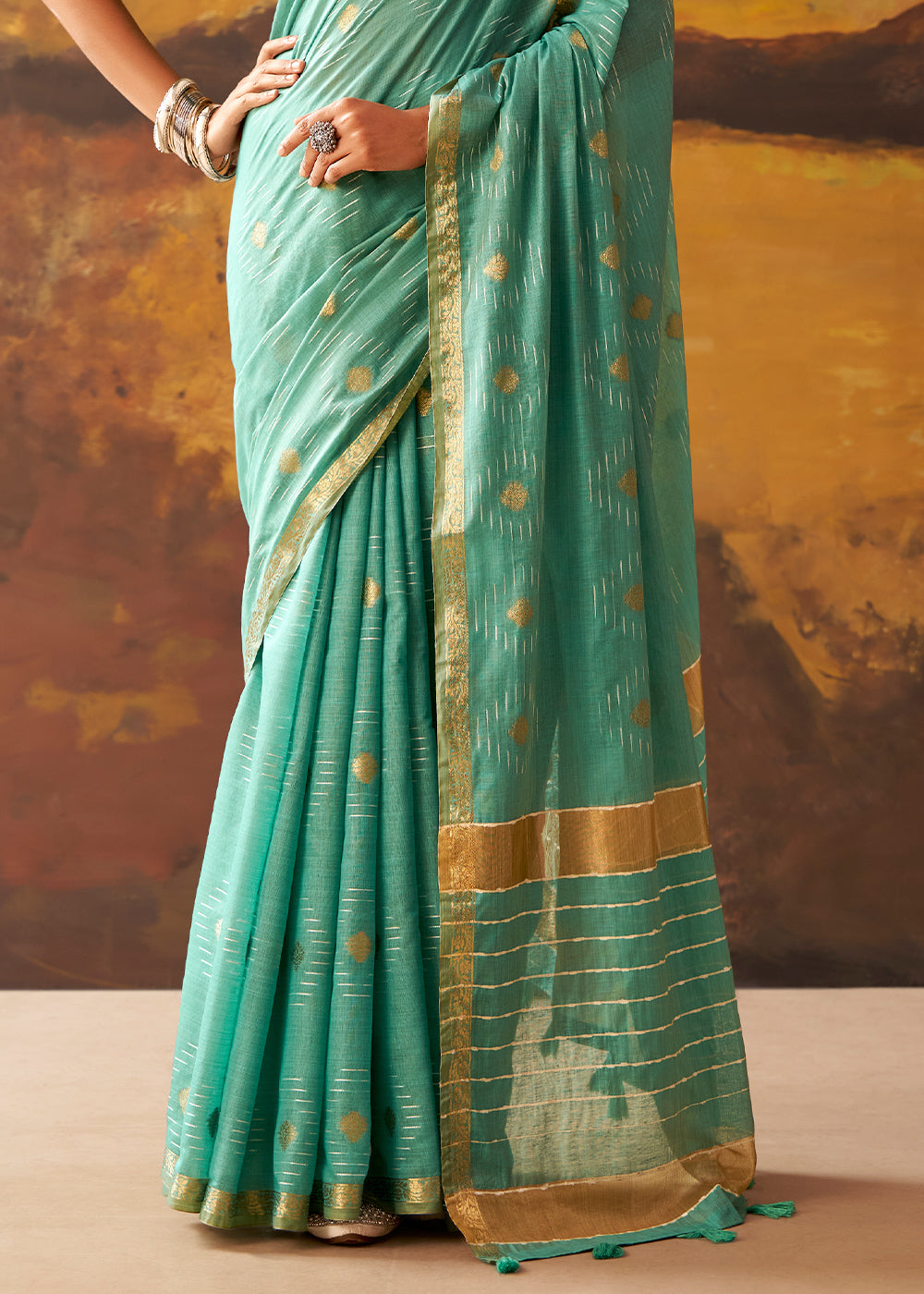 Turquoise Blue Modal Cotton Saree with Ornate Allover Butti Motifs