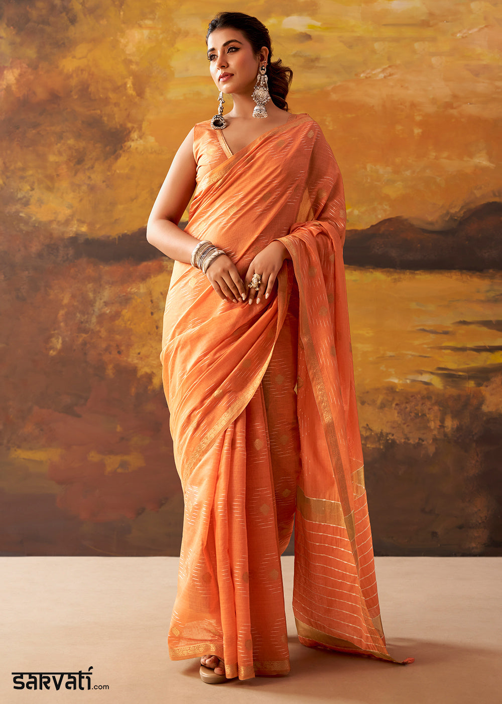 Pumpkin Orange Modal Cotton Saree with Ornate Allover Butti Motifs