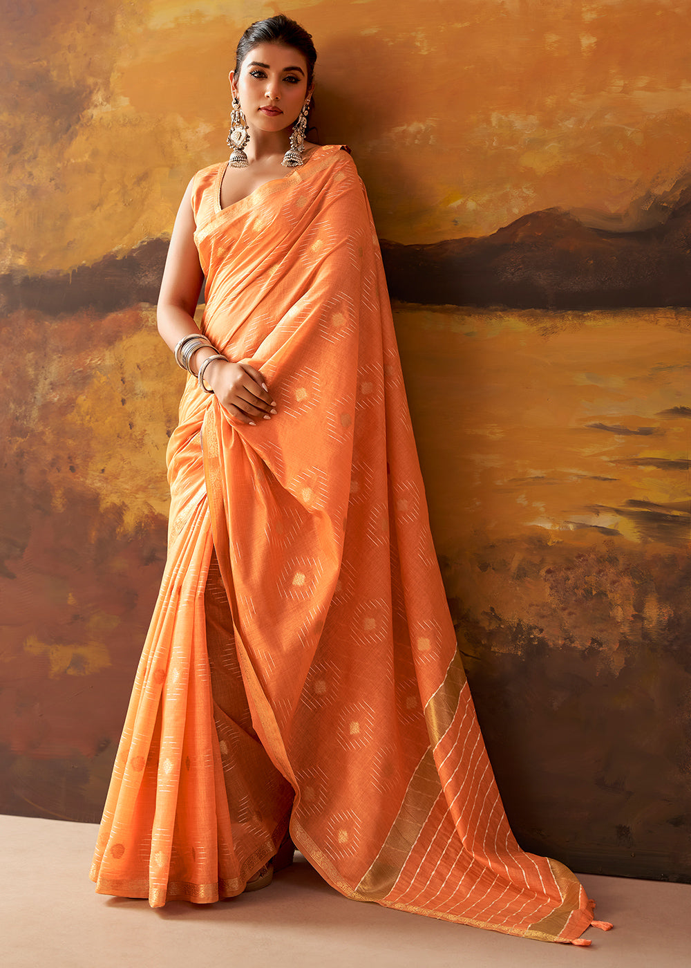 Pumpkin Orange Modal Cotton Saree with Ornate Allover Butti Motifs