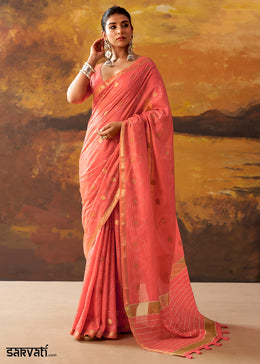 Coral Pink Modal Cotton Saree with Ornate Allover Butti Motifs