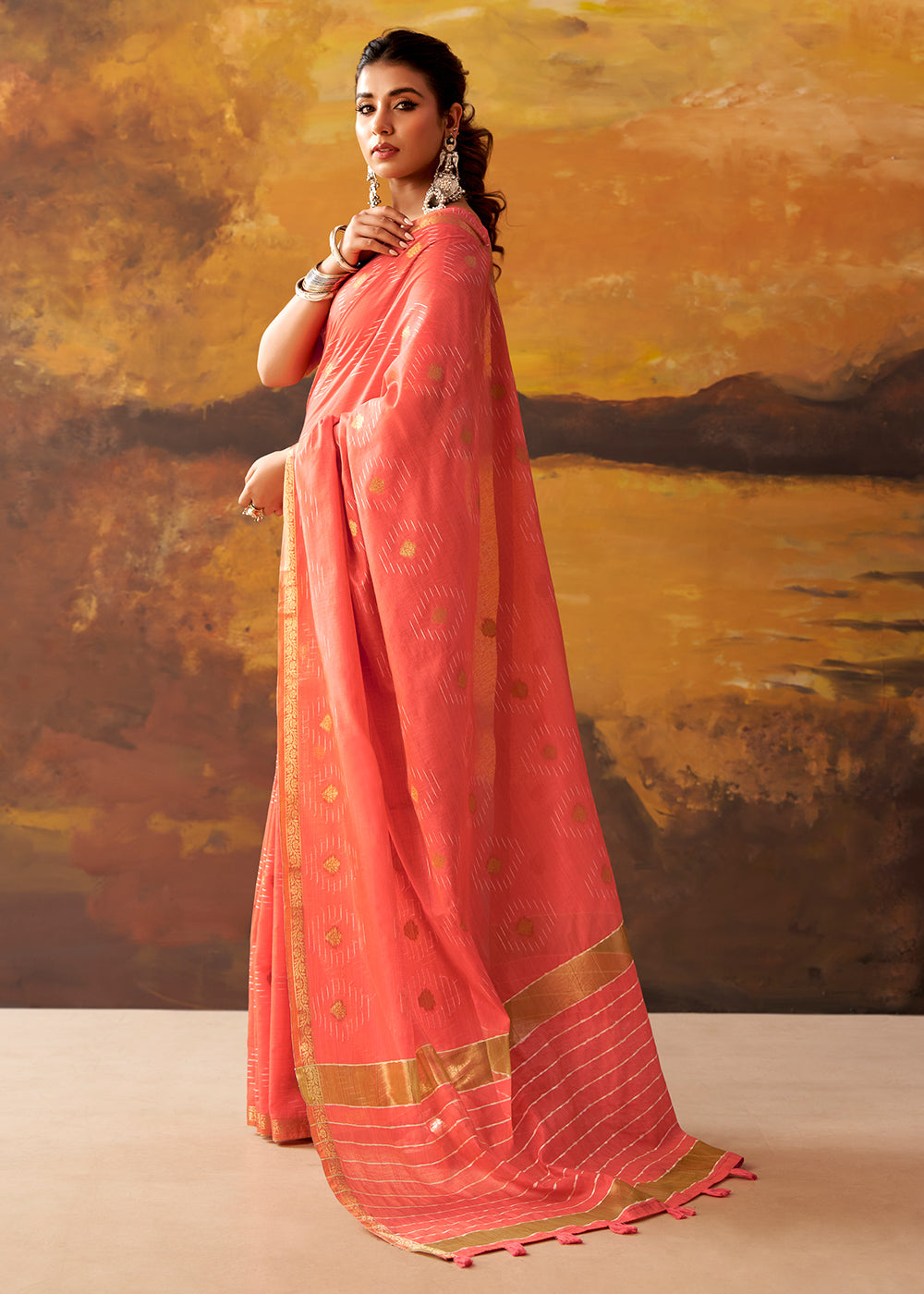 Coral Pink Modal Cotton Saree with Ornate Allover Butti Motifs