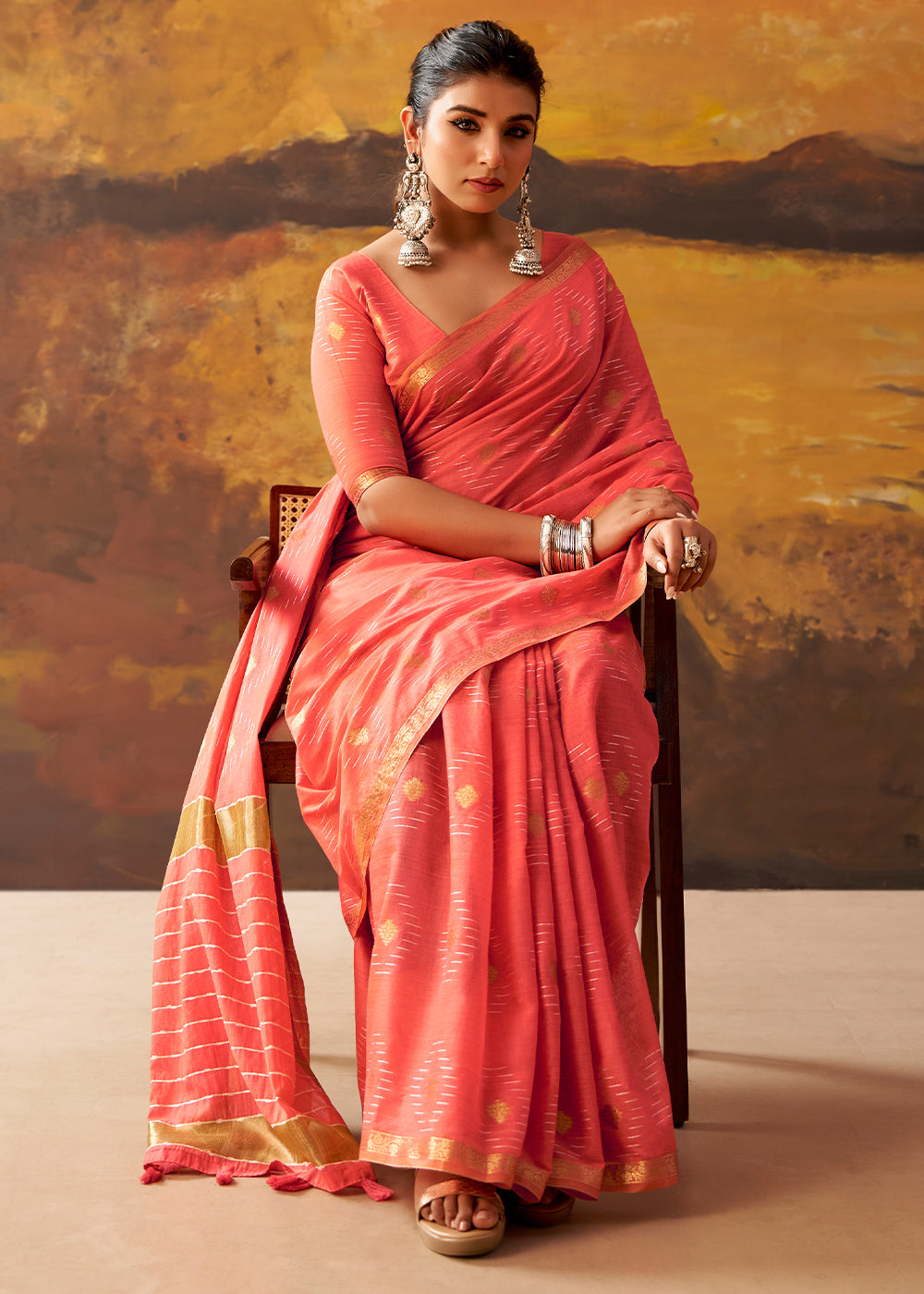 Coral Pink Modal Cotton Saree with Ornate Allover Butti Motifs