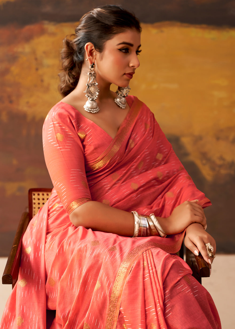 Coral Pink Modal Cotton Saree with Ornate Allover Butti Motifs