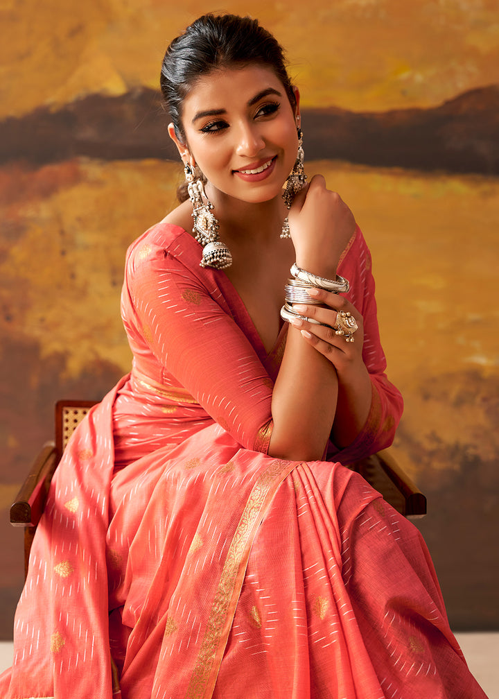Coral Pink Modal Cotton Saree with Ornate Allover Butti Motifs