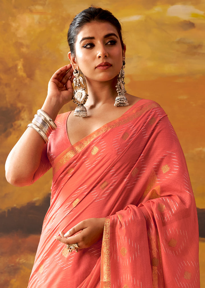 Coral Pink Modal Cotton Saree with Ornate Allover Butti Motifs