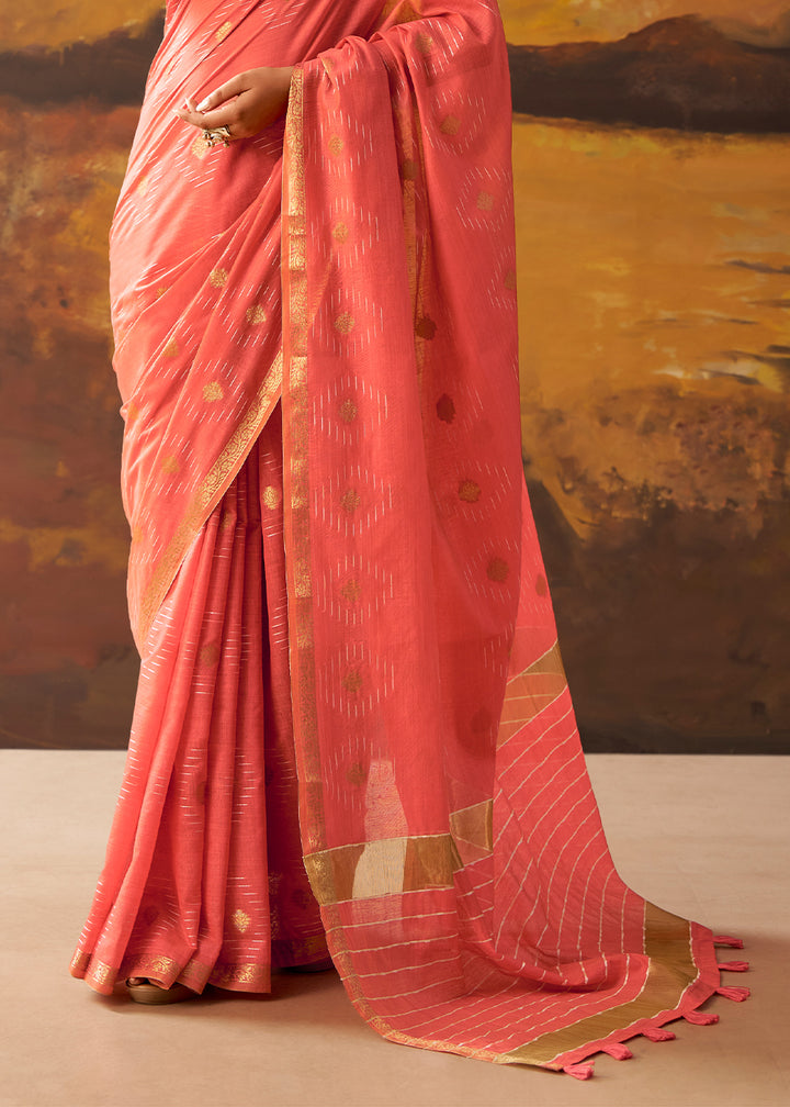 Coral Pink Modal Cotton Saree with Ornate Allover Butti Motifs