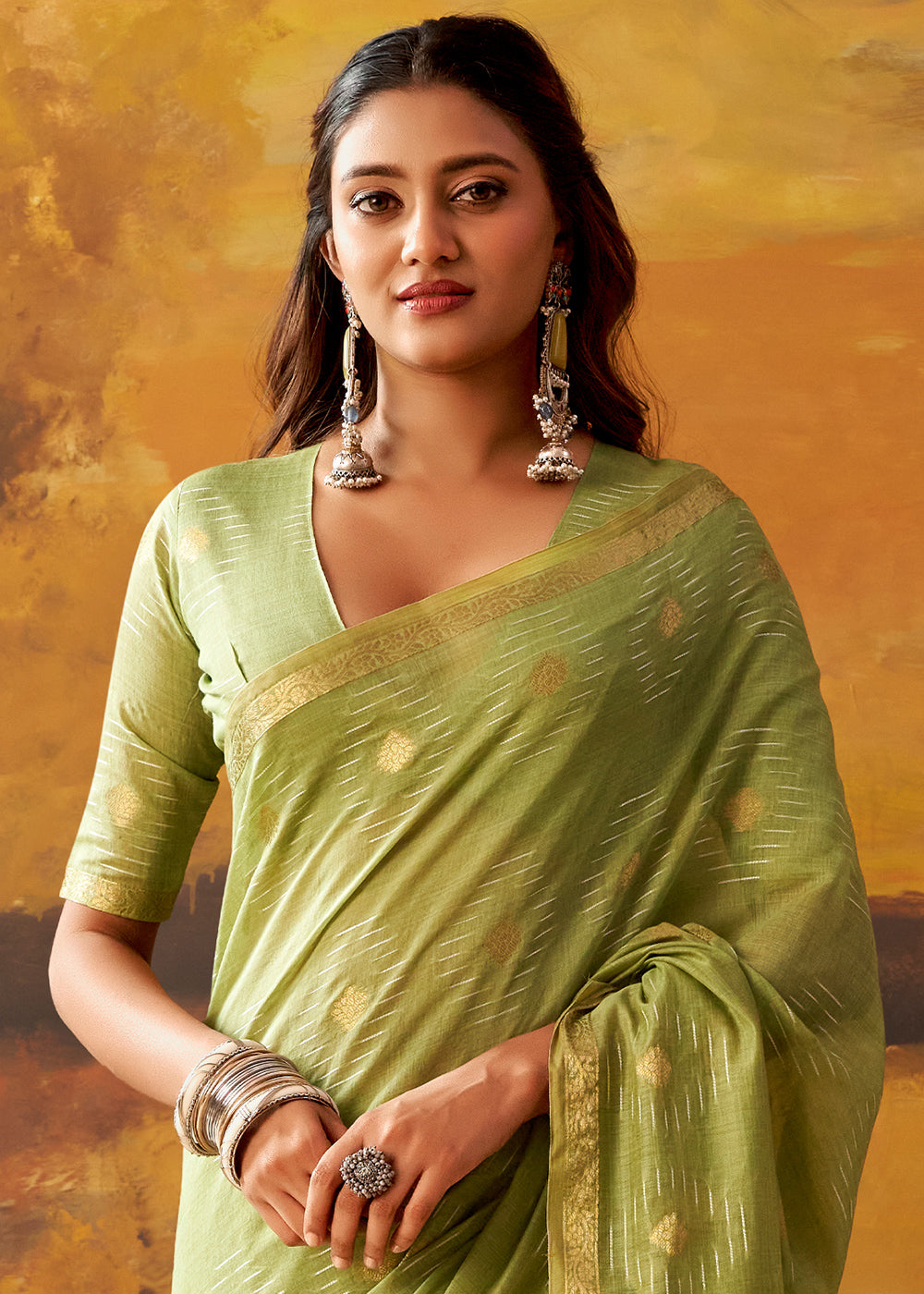 Kelly Green Modal Cotton Saree with Ornate Allover Butti Motifs