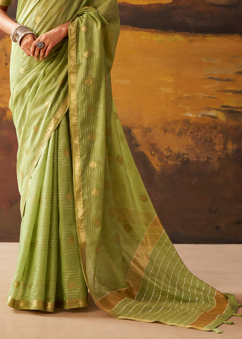 Kelly Green Modal Cotton Saree with Ornate Allover Butti Motifs
