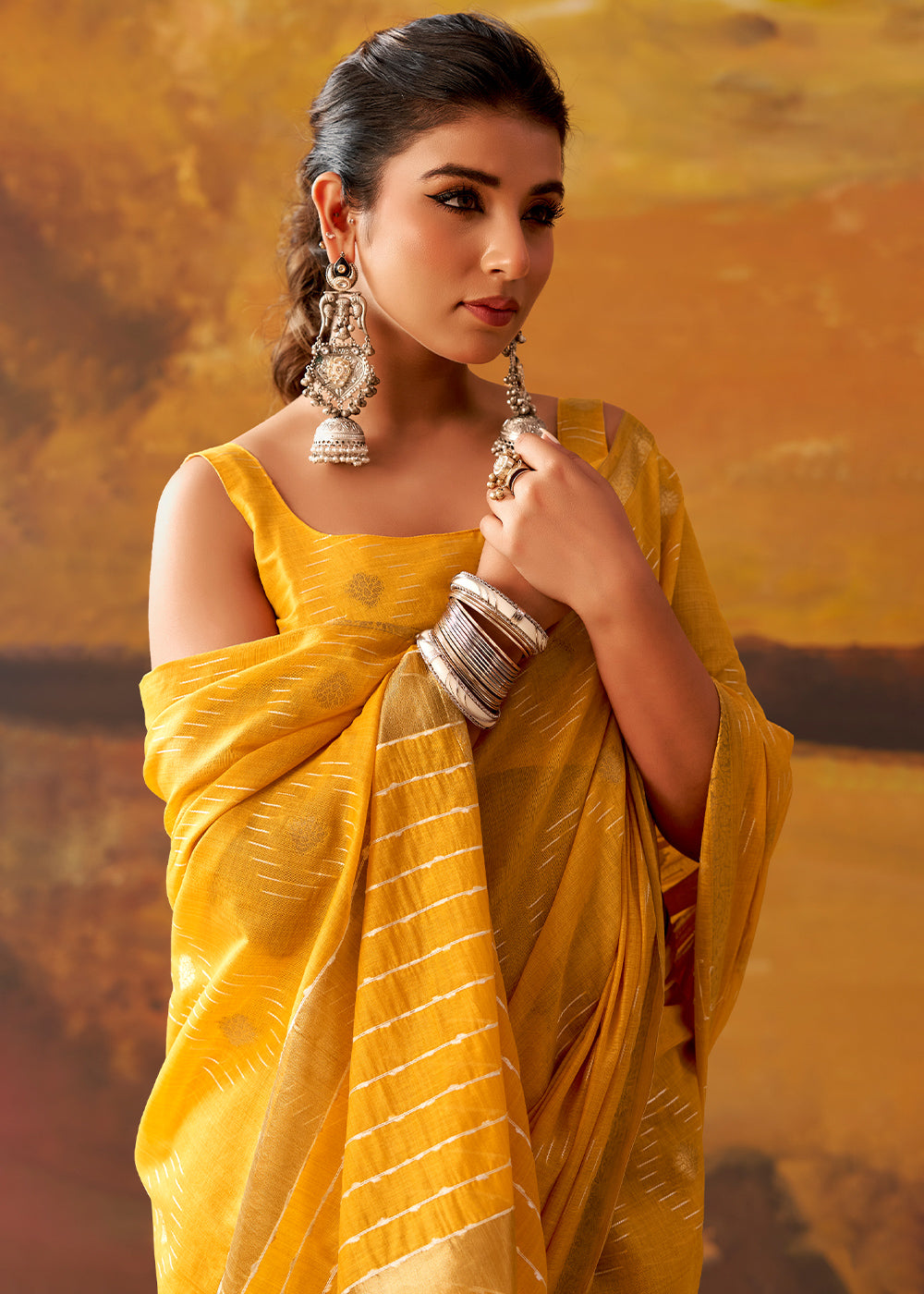 Golden Yellow Modal Cotton Saree with Ornate Allover Butti Motifs