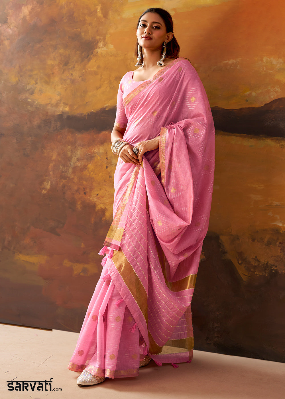 Fuschia Pink Modal Cotton Saree with Ornate Allover Butti Motifs