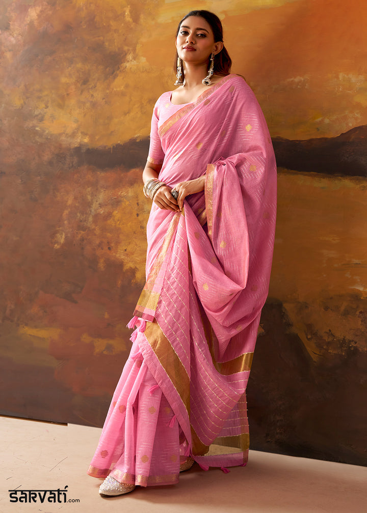 Fuschia Pink Modal Cotton Saree with Ornate Allover Butti Motifs