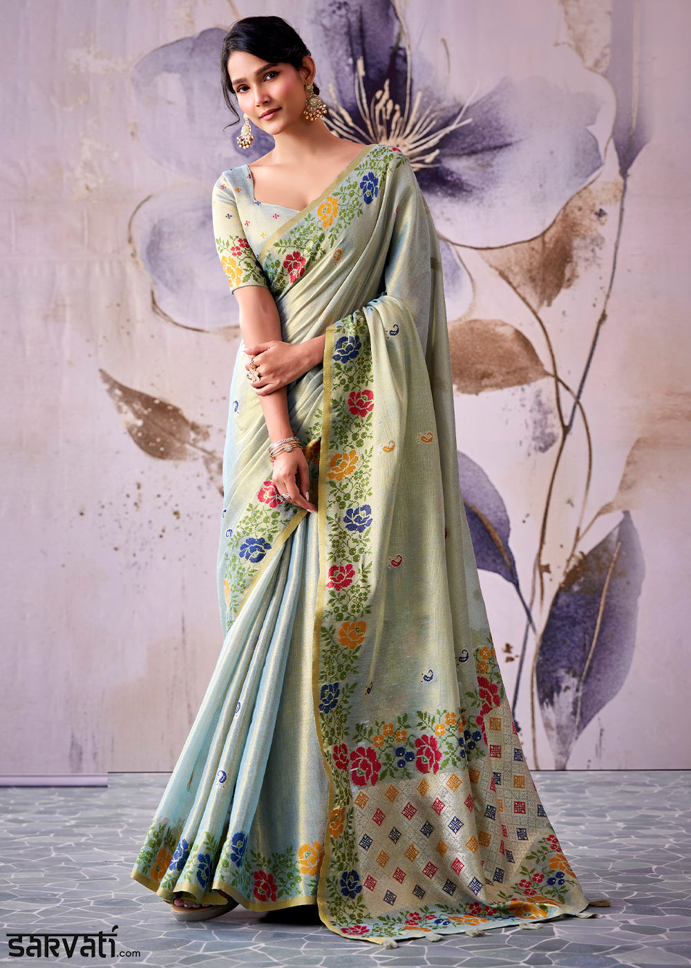 Tones of Blue Tissue Silk Saree with Intricate Floral Zari Motifs