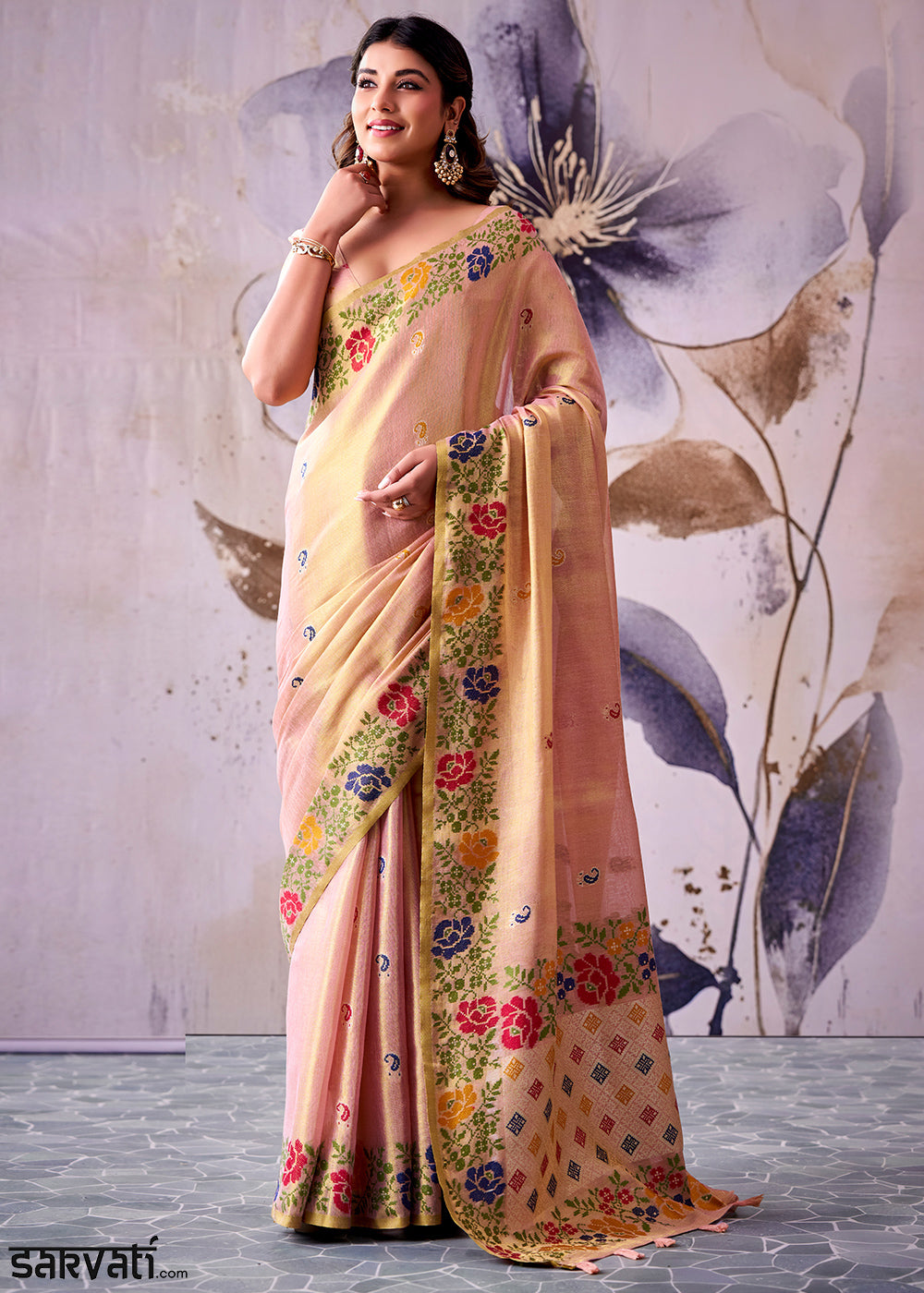 Tones of Pink Tissue Silk Saree with Intricate Floral Zari Motifs