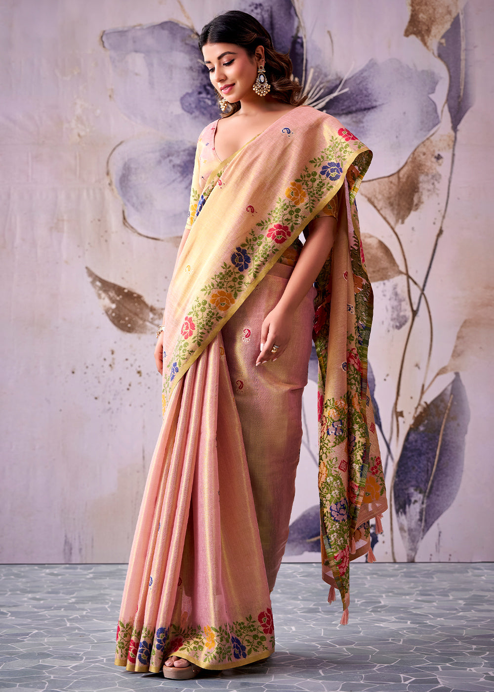 Tones of Pink Tissue Silk Saree with Intricate Floral Zari Motifs