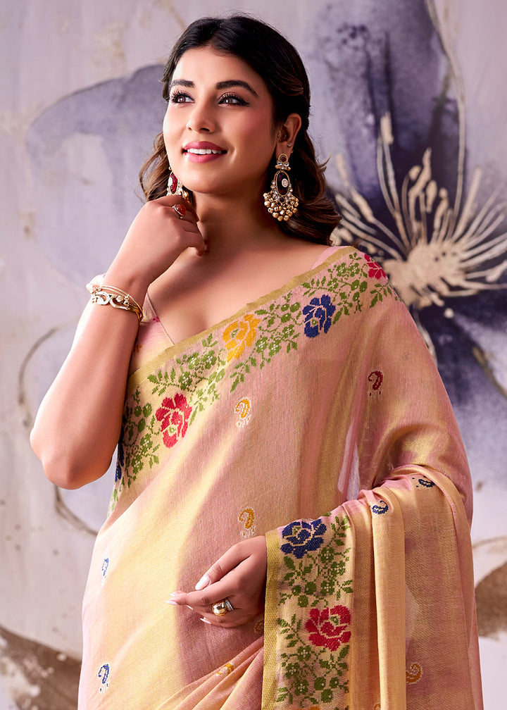 Tones of Pink Tissue Silk Saree with Intricate Floral Zari Motifs