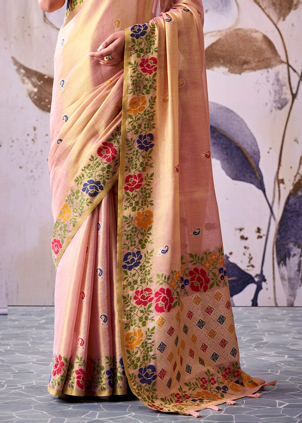 Tones of Pink Tissue Silk Saree with Intricate Floral Zari Motifs