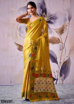 Mustard Yellow Tissue Silk Saree with Intricate Floral Zari Motifs