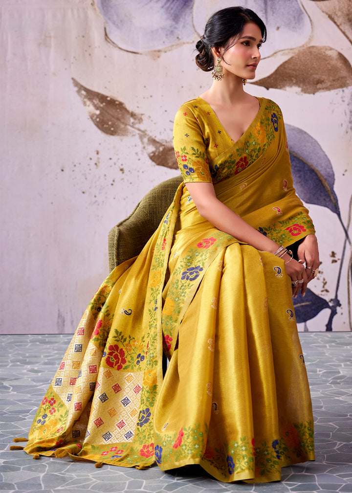 Mustard Yellow Tissue Silk Saree with Intricate Floral Zari Motifs