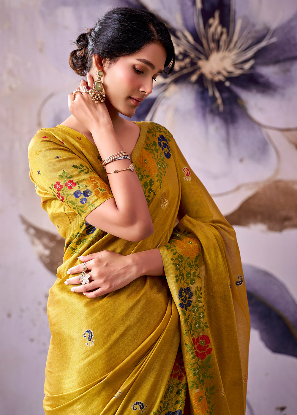 Mustard Yellow Tissue Silk Saree with Intricate Floral Zari Motifs