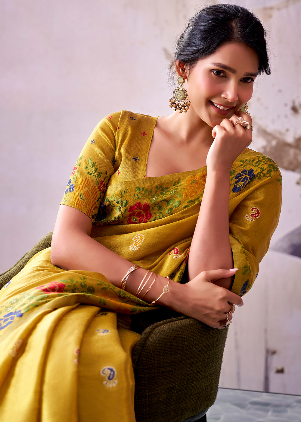 Mustard Yellow Tissue Silk Saree with Intricate Floral Zari Motifs