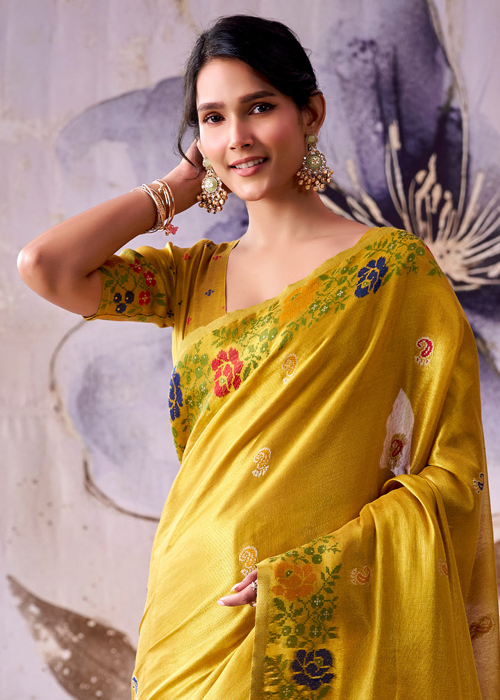 Mustard Yellow Tissue Silk Saree with Intricate Floral Zari Motifs