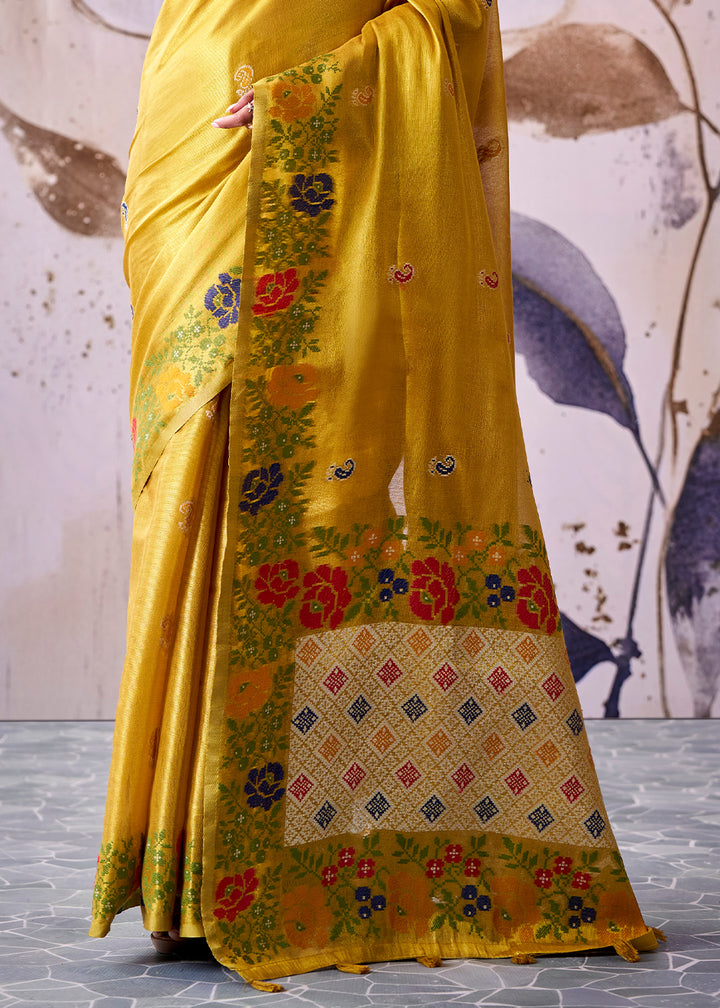 Mustard Yellow Tissue Silk Saree with Intricate Floral Zari Motifs