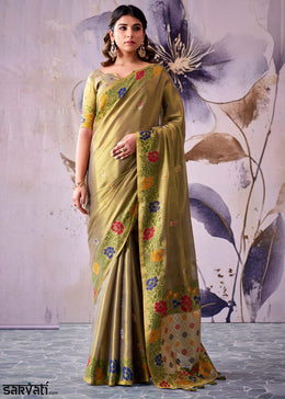 Green & Grey Tissue Silk Saree with Intricate Floral Zari Motifs