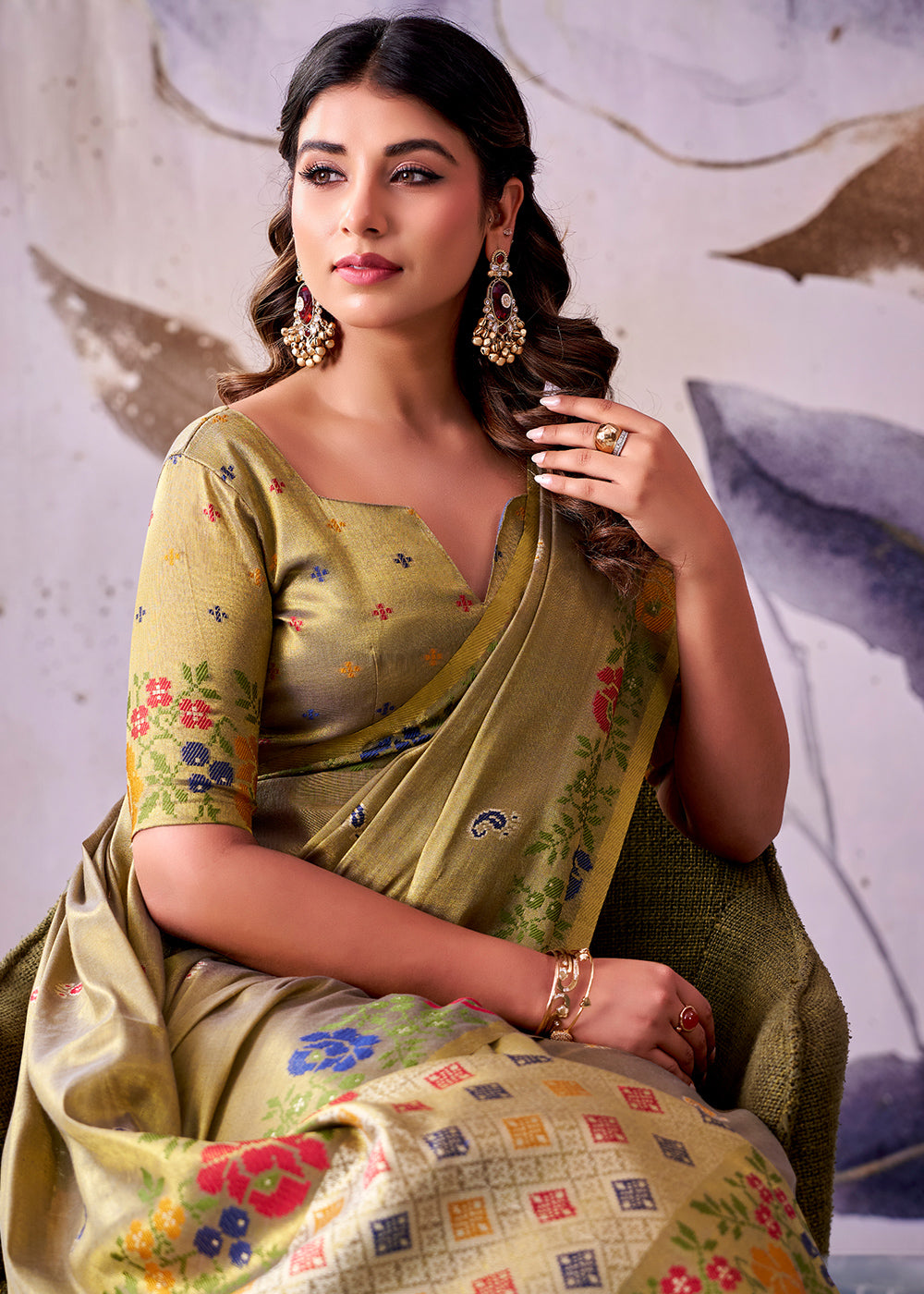 Green &amp; Grey Tissue Silk Saree with Intricate Floral Zari Motifs