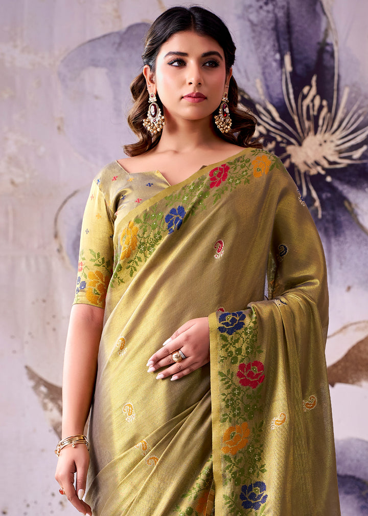 Green &amp; Grey Tissue Silk Saree with Intricate Floral Zari Motifs