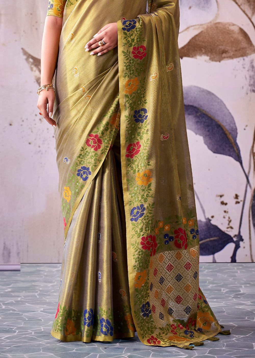 Green &amp; Grey Tissue Silk Saree with Intricate Floral Zari Motifs