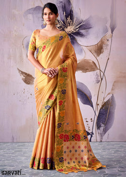 Tones of Orange Tissue Silk Saree with Intricate Floral Zari Motifs