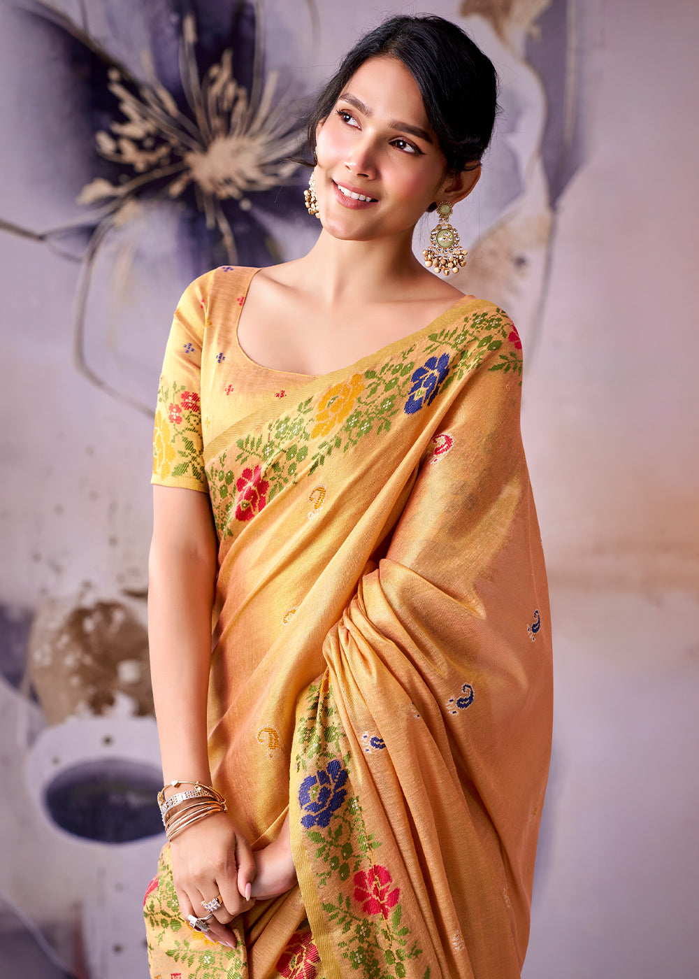 Tones of Orange Tissue Silk Saree with Intricate Floral Zari Motifs