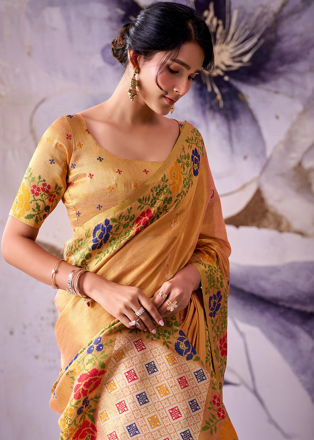 Tones of Orange Tissue Silk Saree with Intricate Floral Zari Motifs