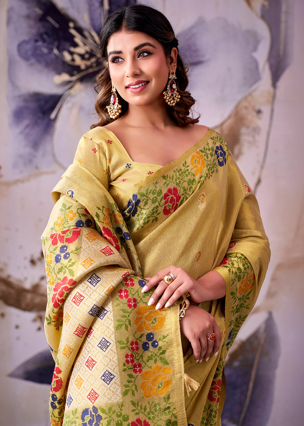 Light Yellow Tissue Silk Saree with Intricate Floral Zari Motifs