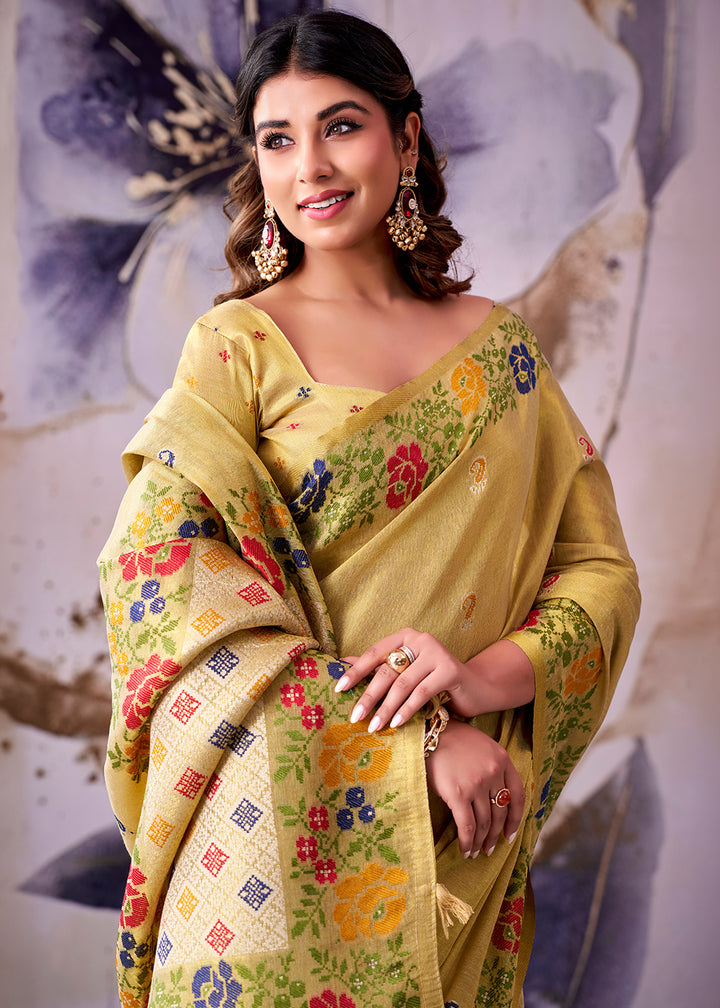 Light Yellow Tissue Silk Saree with Intricate Floral Zari Motifs