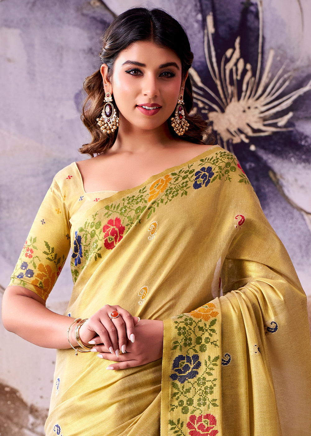 Light Yellow Tissue Silk Saree with Intricate Floral Zari Motifs