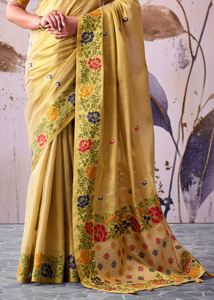 Light Yellow Tissue Silk Saree with Intricate Floral Zari Motifs
