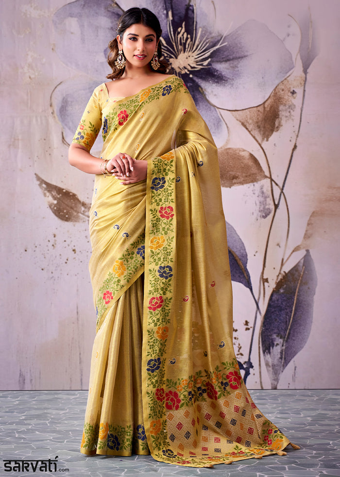 Light Yellow Tissue Silk Saree with Intricate Floral Zari Motifs