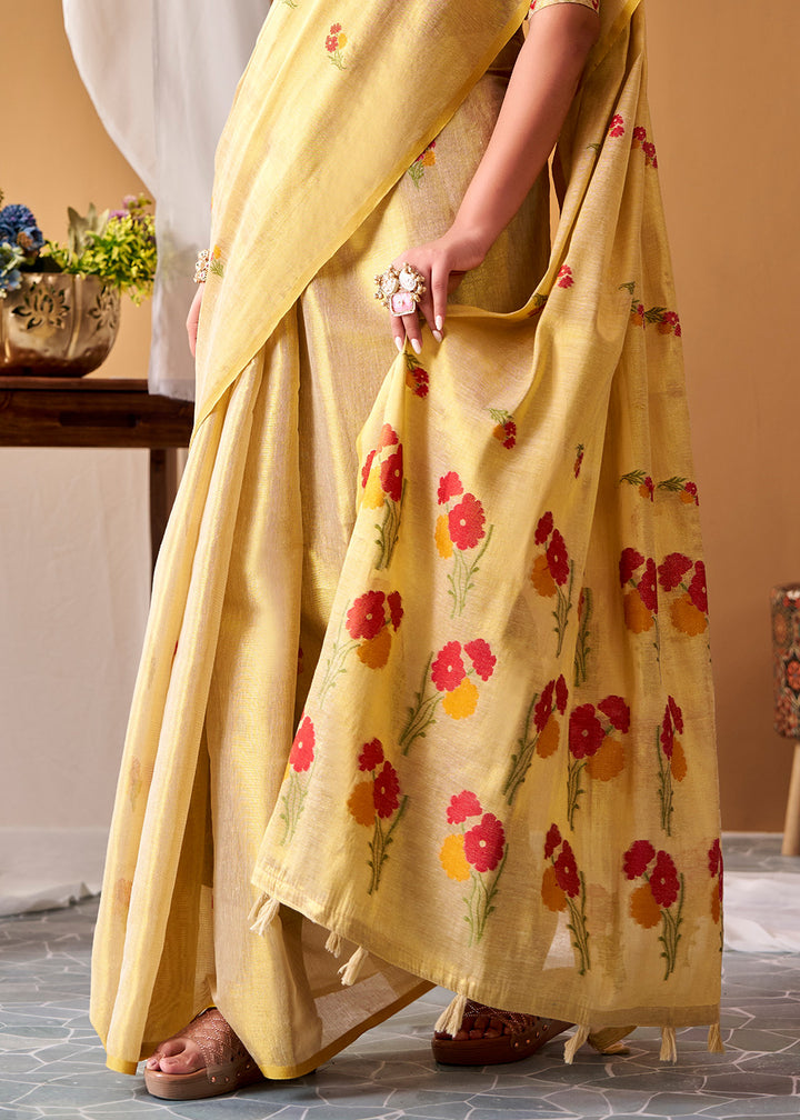 Cream White Tissue Silk Saree with Intricate Allover Floral Motifs
