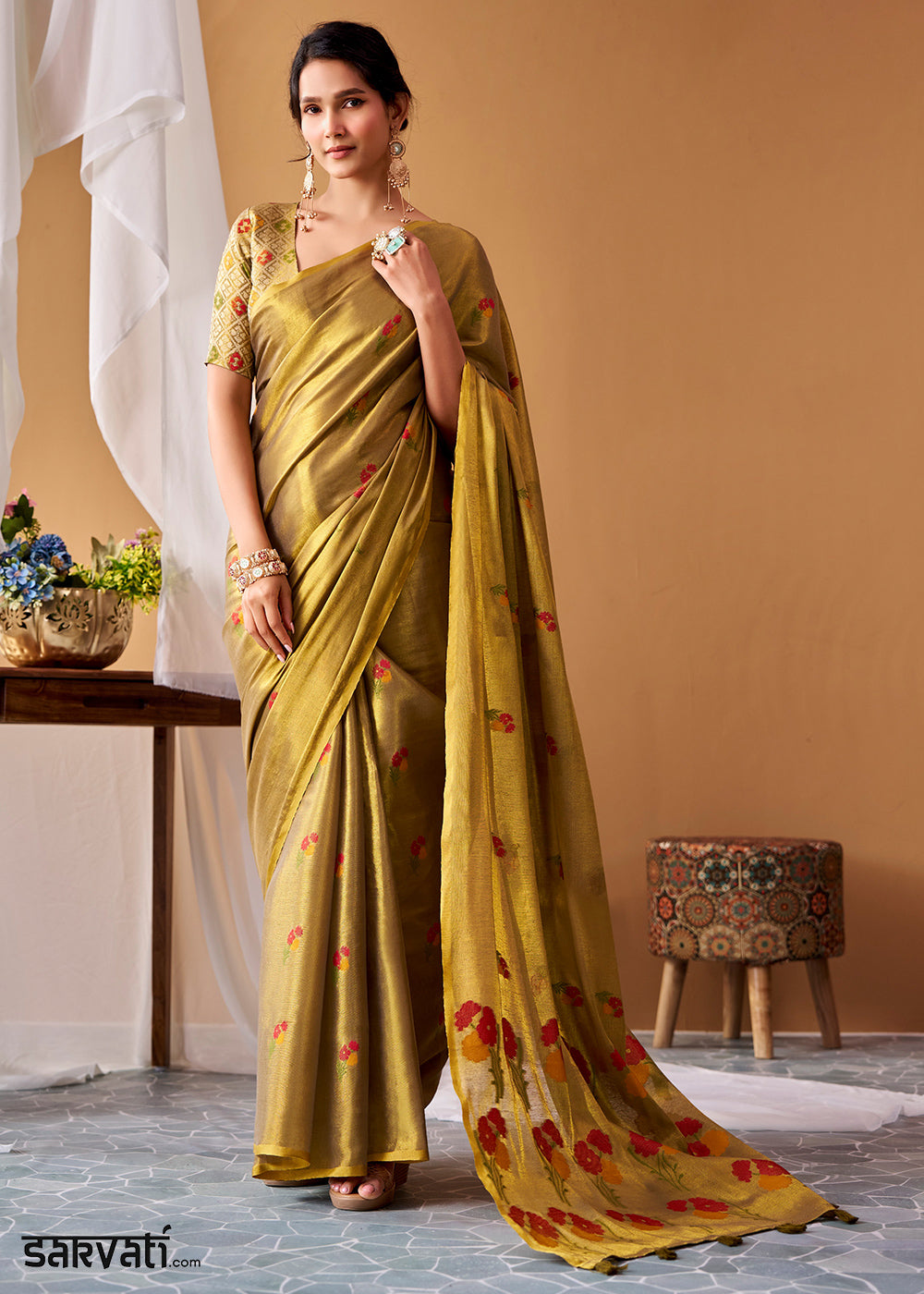 Golden &amp; Green Tissue Silk Saree with Intricate Allover Floral Motifs