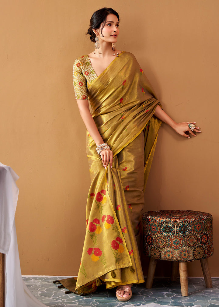 Golden &amp; Green Tissue Silk Saree with Intricate Allover Floral Motifs