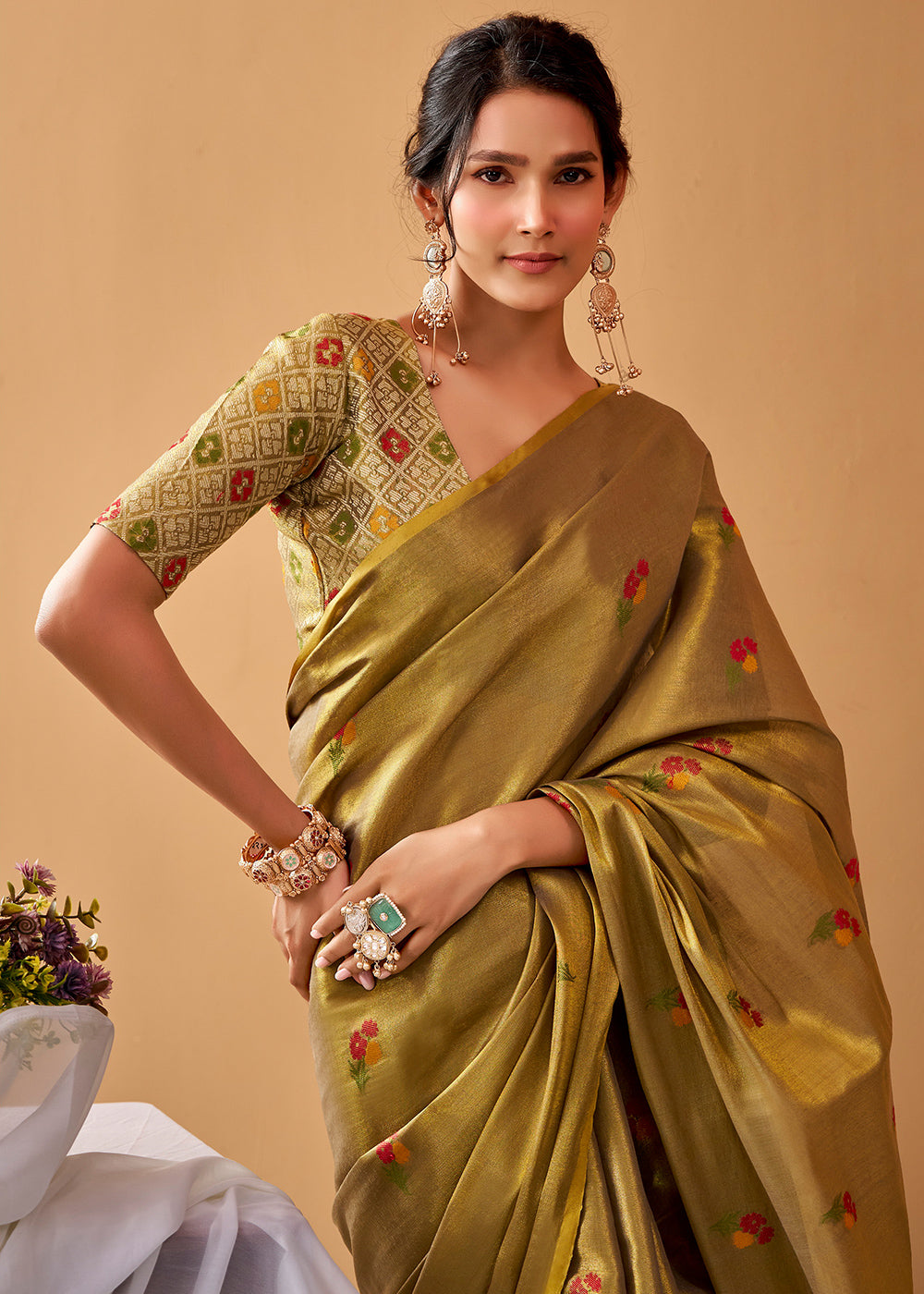 Golden &amp; Green Tissue Silk Saree with Intricate Allover Floral Motifs